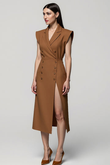 Brown V-Neck Sheath Work Dress with Slit